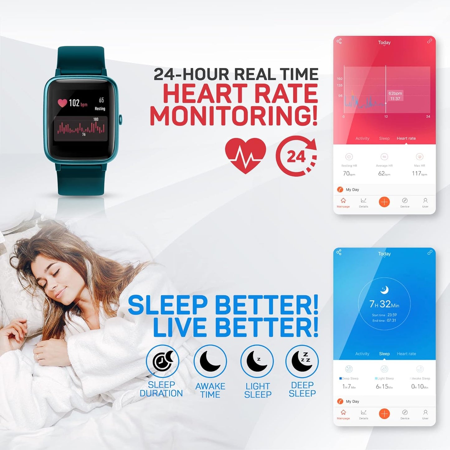Move Veryfitpro Smart Watch HR Heart Rate Sleep Monitor IP68 Waterproof Activity Fitness Tracker